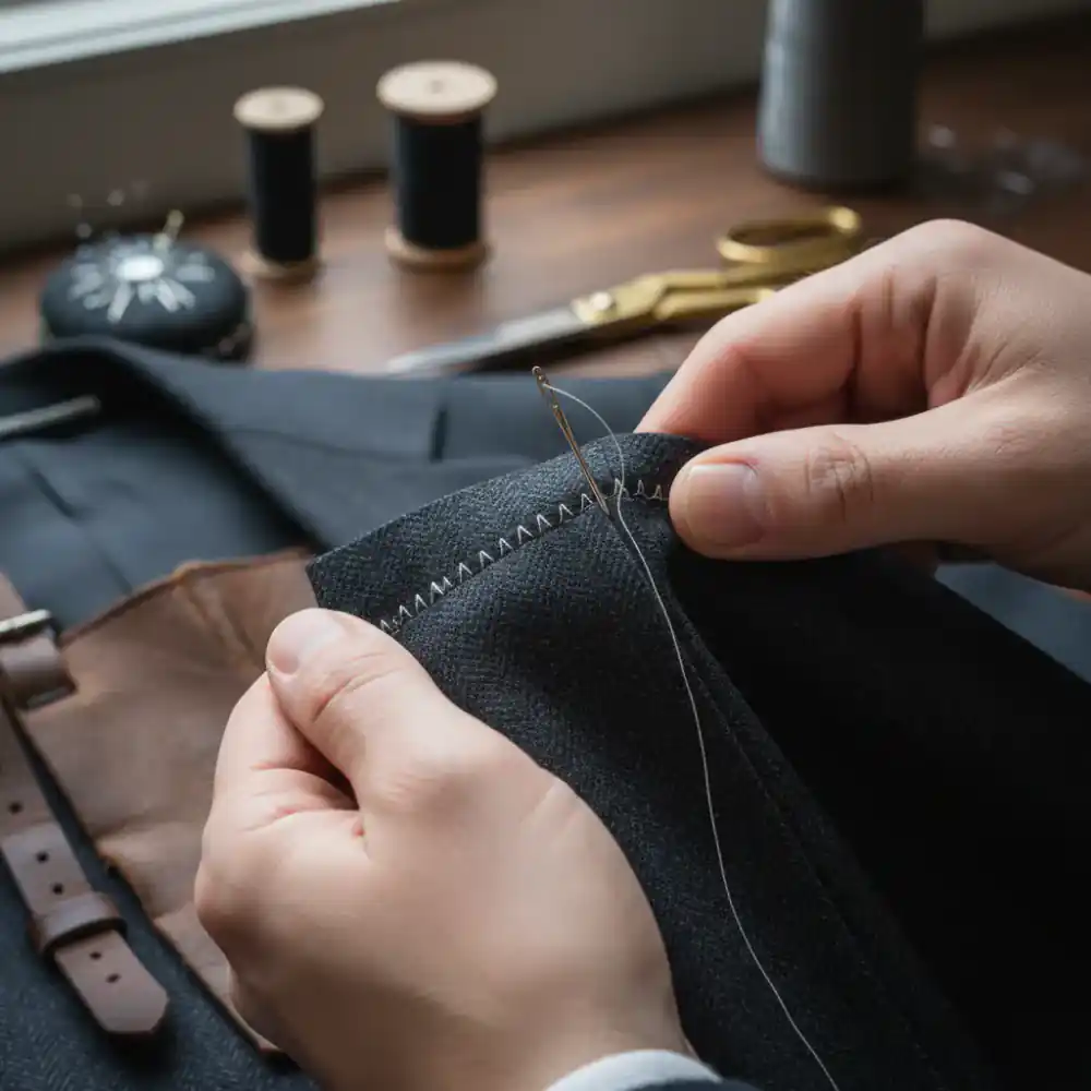 Needle and thread actively sewing a lapel