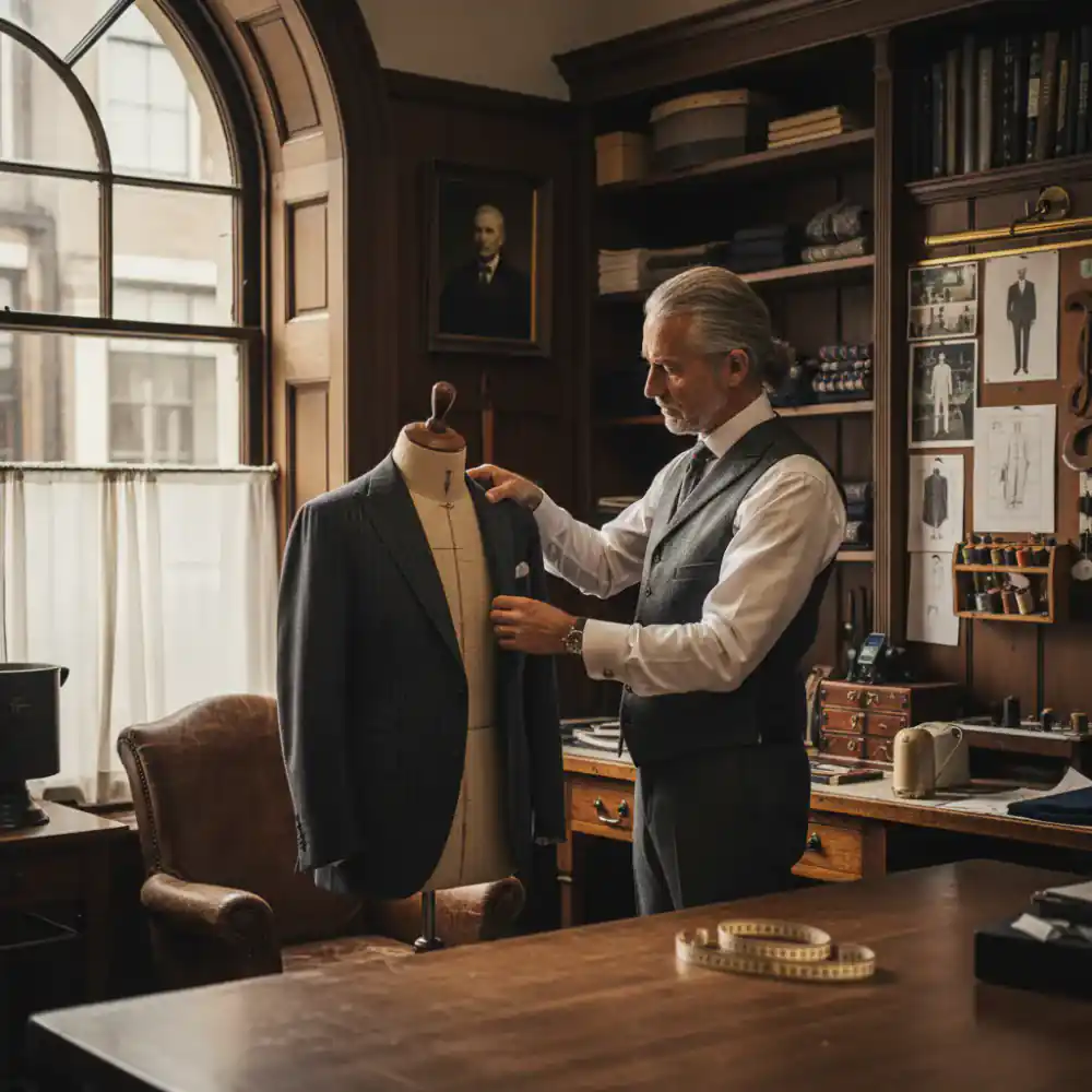 Master tailor reviewing a finished bespoke suit