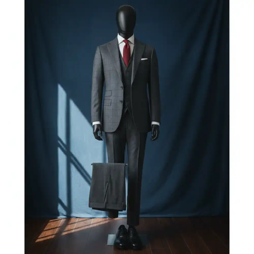 Finished bespoke suit displayed on mannequin